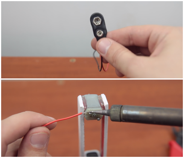 Tiến hành lắp 1 phần đầu dây tiếp xúc pin, công tắc vào mô-tơ điện sau cho chúng tạo thành 1 mạch điện khép kính.