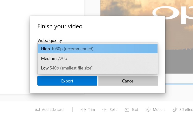 Chọn chất lượng video và nhấn Export để lưu video vừa ghép