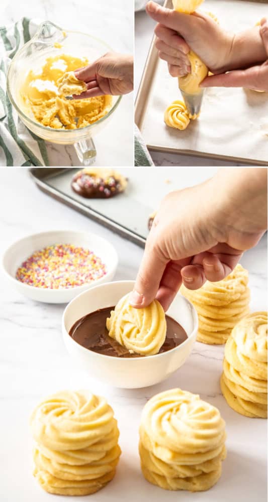 3 shots showing dough texture for cookies, piping cookies, then dipping them in chocolate