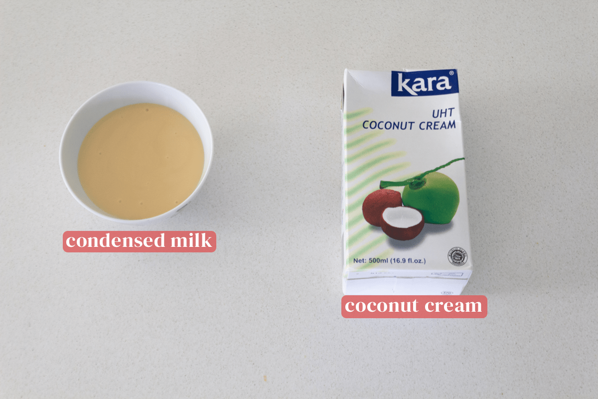 Condensed milk in a bowl along with a box of coconut cream.