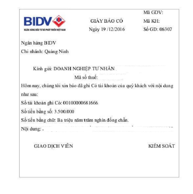 Mẫu giấy báo có của ngân hàng BIDV