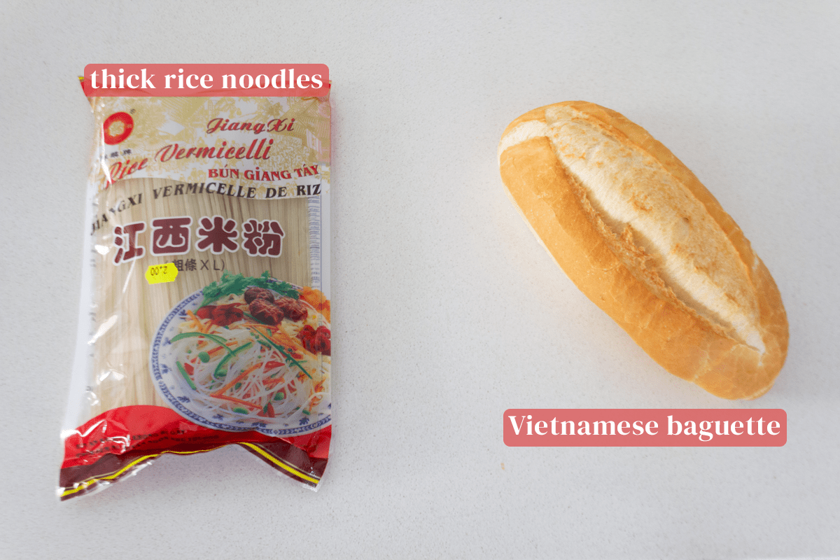 Rice noodles in a packet along with a Vietnamese baguette.