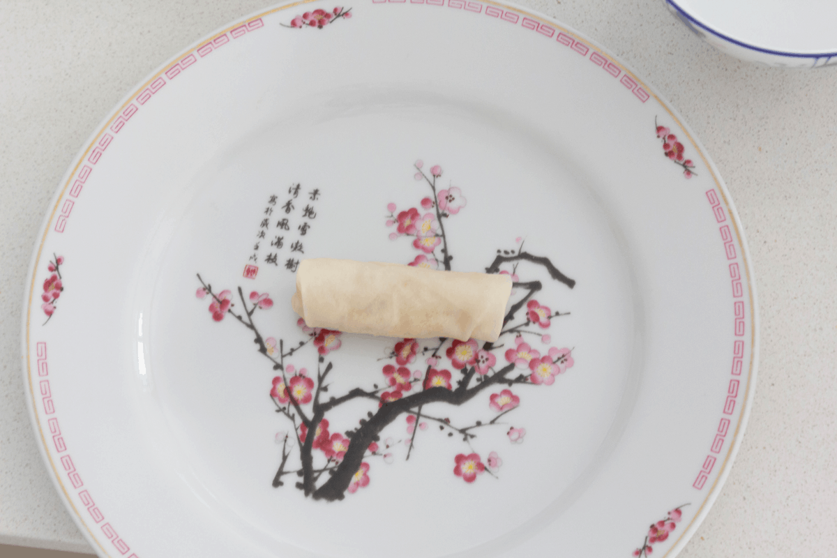 Uncooked vegetarian spring roll on a plate.