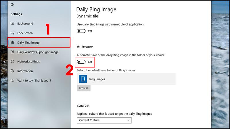 Bước 8: Tại Daily Bing Image > Chọn Autosave để tự động lưu hình nền từ Bing vào trong thư mục được mặc định trước đó.