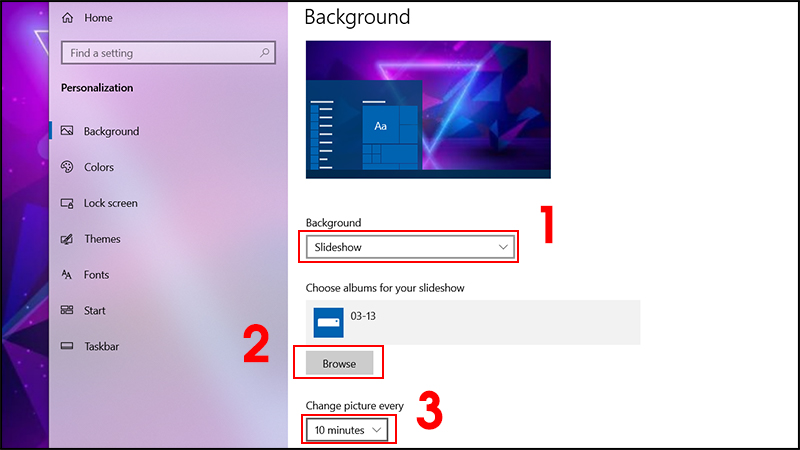 Tại Background, chọn Slideshow > Chọn Browse để tìm đến folder chứa thư mục ảnh > Chọn Change picture every để cài thời gian thay đổi hình nền.