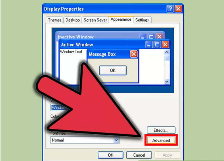 Thay đổi kích thước icon trên Windows XP tiếp tục chọn "Appearance" bạn chọn "Advanced".