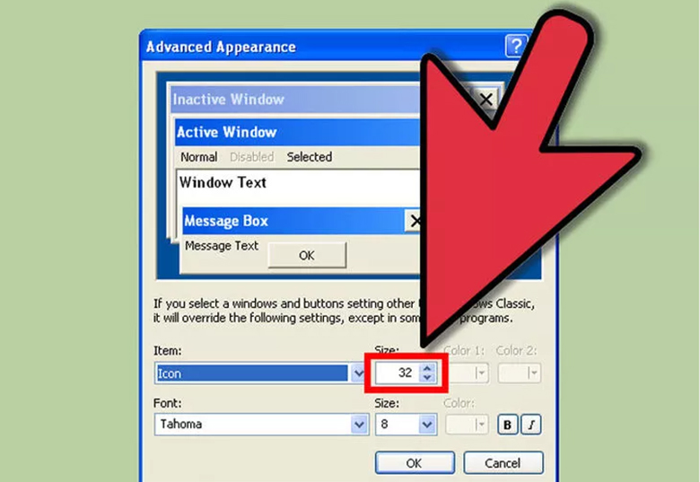 Thay đổi kích thước icon trên Windows XP tiếp tục chọn Icon để chọn size phù hợp
