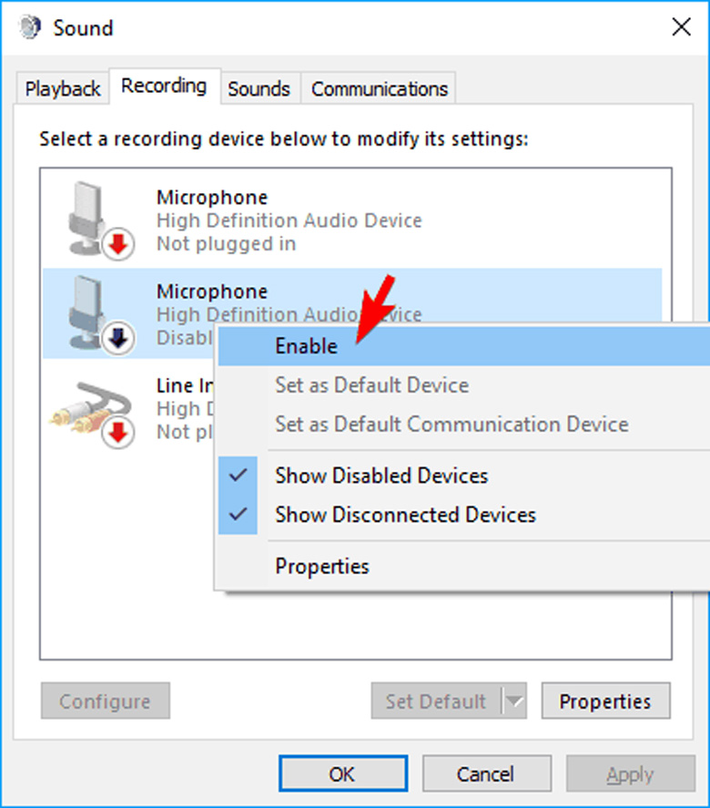 Cách bật micro trong laptop Win 10 chọn Sound Settings tiếp tục chọn Enable