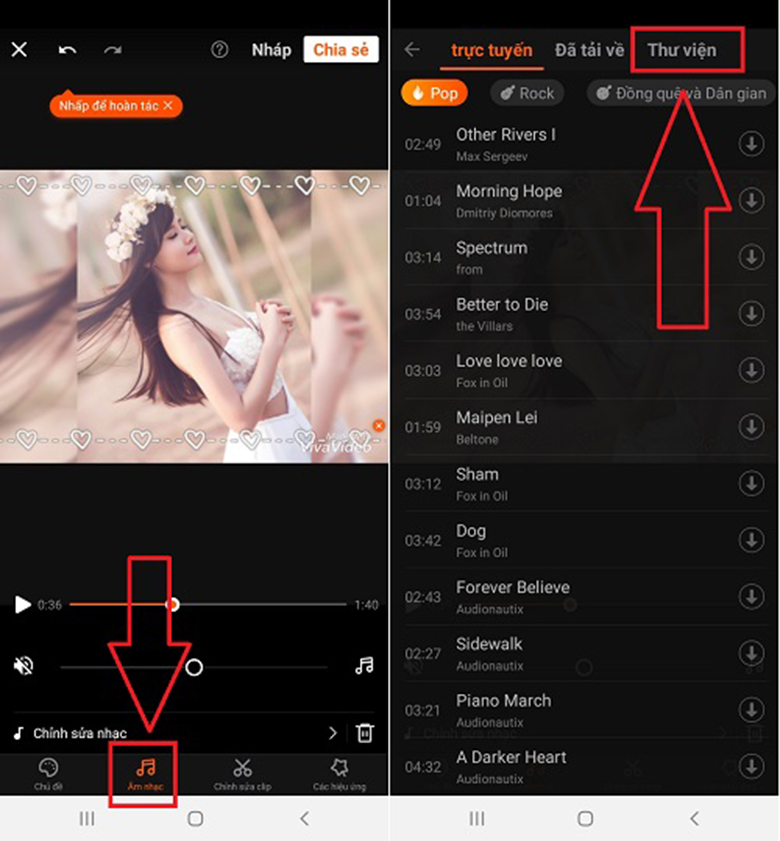 Phần mềm VivaVideo cách ghép nhạc vào video trên điện thoại lên chọn thư viện để chèn nhạc